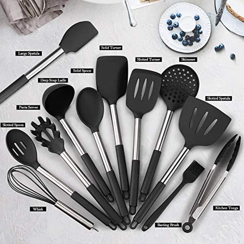7-piece Silicone Cooking Utensils Set - Heat Resistant Silicone Kitchen  Utensils for Cooking With Wooden Handles, Spatula Set, Kitchen Utensil  Gadgets Sets for Non-Stick Cookware, BPA Free With Storage Seat (Grey)